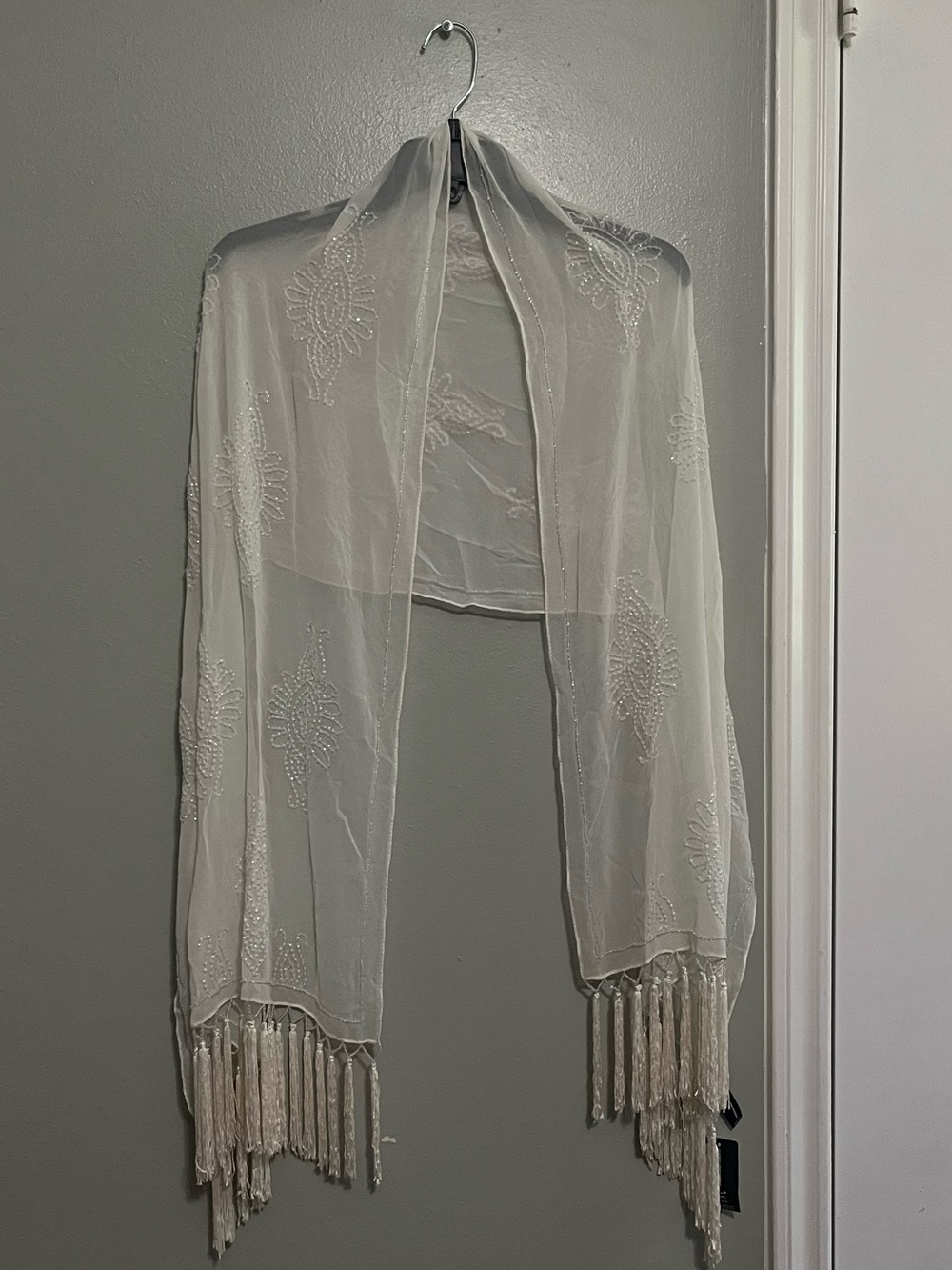 INC International Concepts Ivory Beaded Fringe Shawl Scarf
